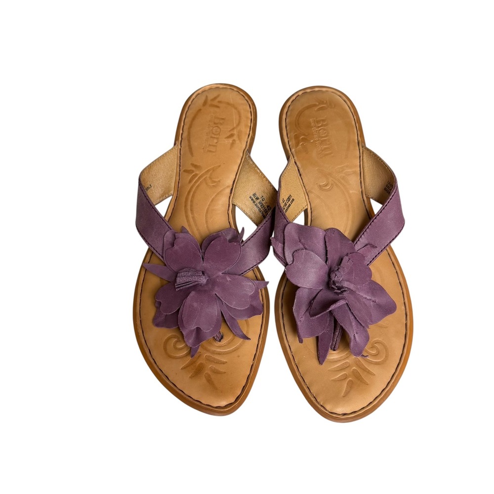 Born Womens Purple Leather Flower Thong Sandals W92188 Low Wedge Size 10 42